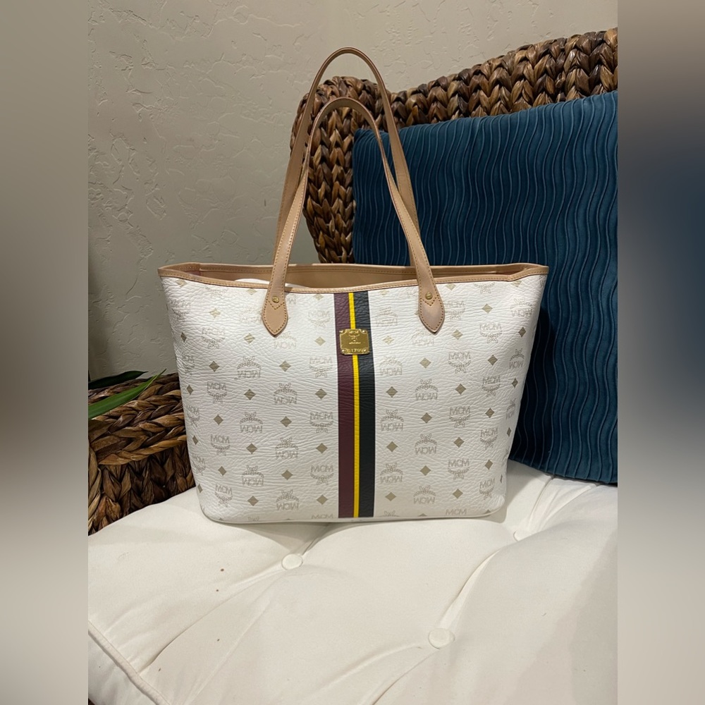 MCM White Canvas Monogram Tote with Brown Leather Trim and Yellow-Black Stripe